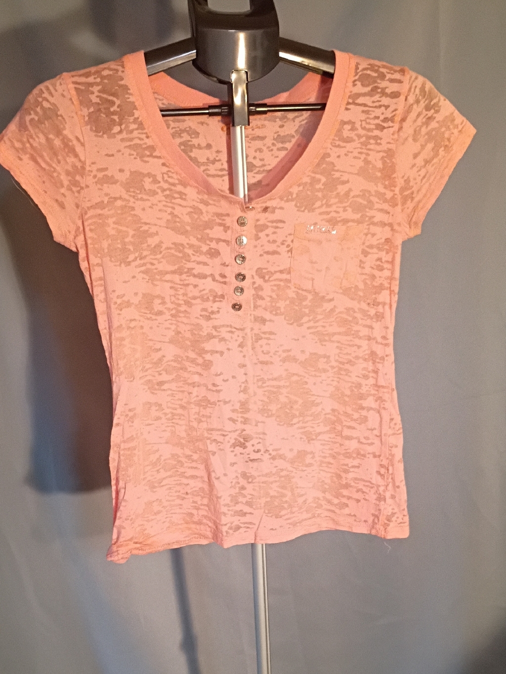 Guess Light Pink Burnout Short Sleeve Henley Tee